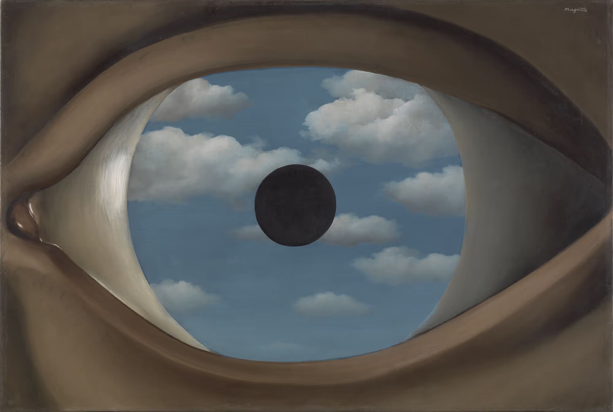 Pintura titulada El espejo falso del pintor surrealista belga René Magritte (1929).