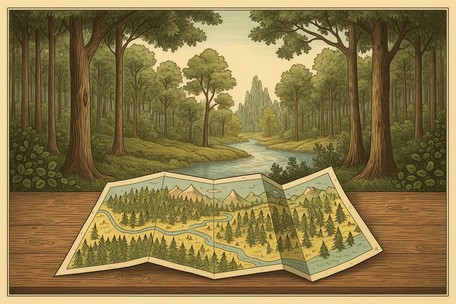 Ilustración de un mapa de un bosque con un río, en el mismo paisaje que se muestra en el mapa.