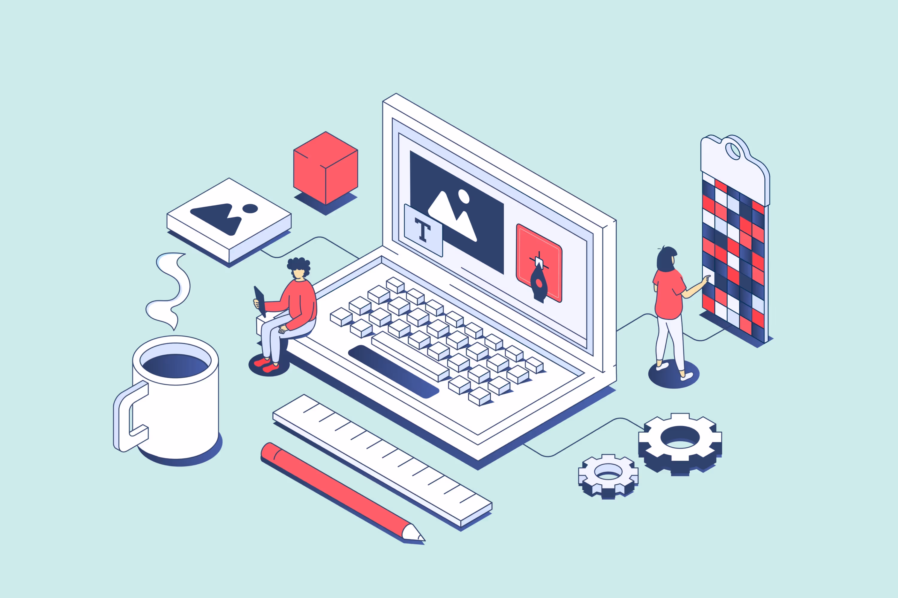 Un computador notebook rodeado de herramientas de comunicación digital y dos profesionales en marketing digital.