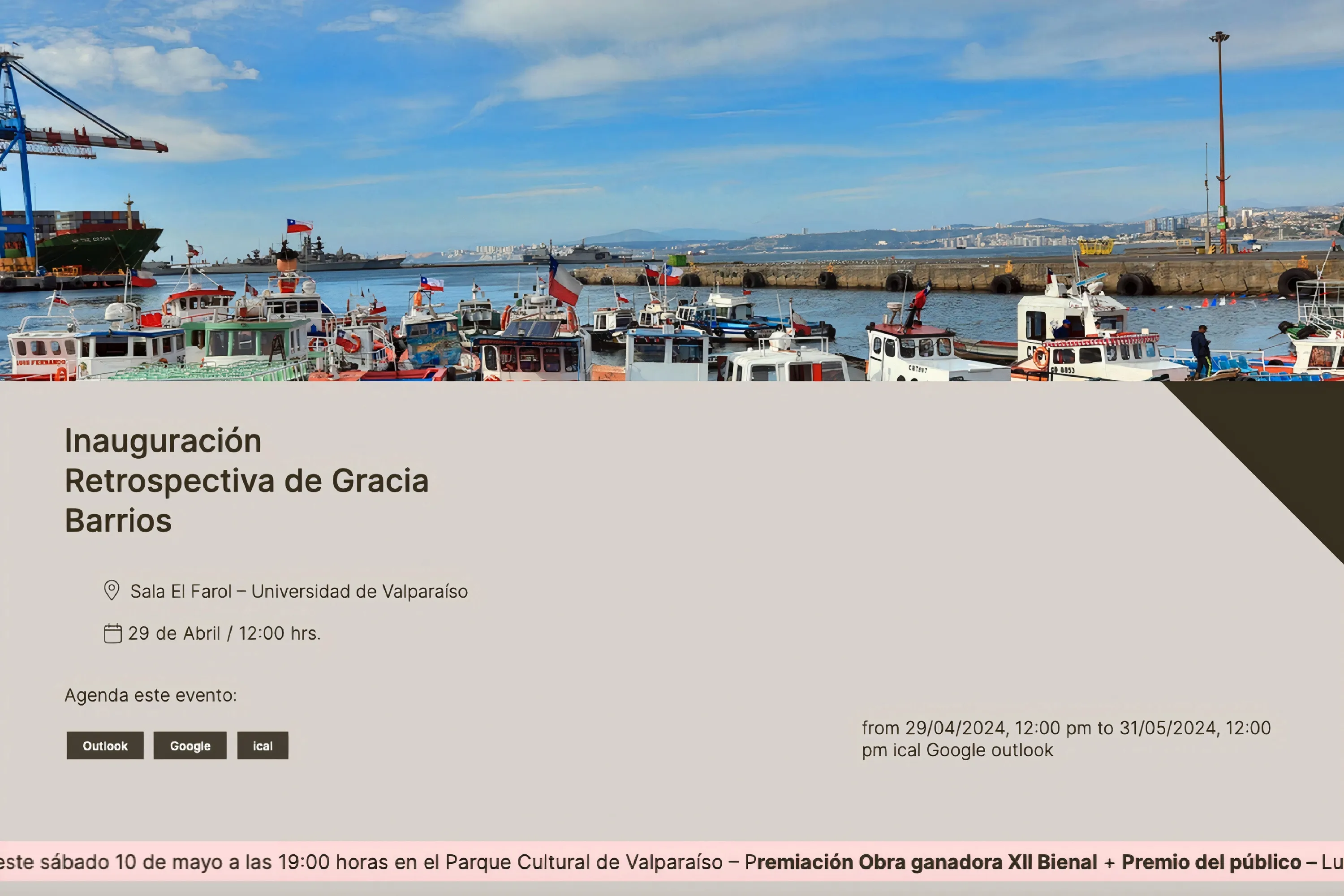 Pantallazo del sitio web de la Bienal Internacional de Arte de Valparaíso, mostrando la inauguración de la retrospectiva de Gracia Barrios en la Sala El Farol, Universidad de Valparaíso. Imagen del puerto de Valparaíso con botes decorados con banderas chilenas y un diseño gráfico con detalles del evento artístico.