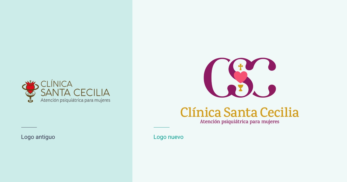 Logo antiguo de la Clínica Santa Cecilia en comparación con el nuevo logo diseñado por Estudio Ajolote.