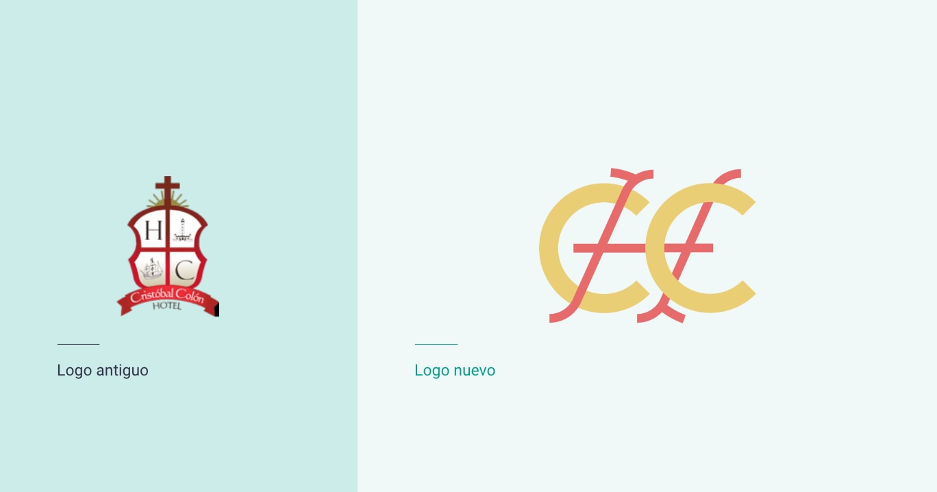 Logo antiguo del Hotel Cristóbal Colón en comparación con el nuevo logo diseñado por Estudio Ajolote.