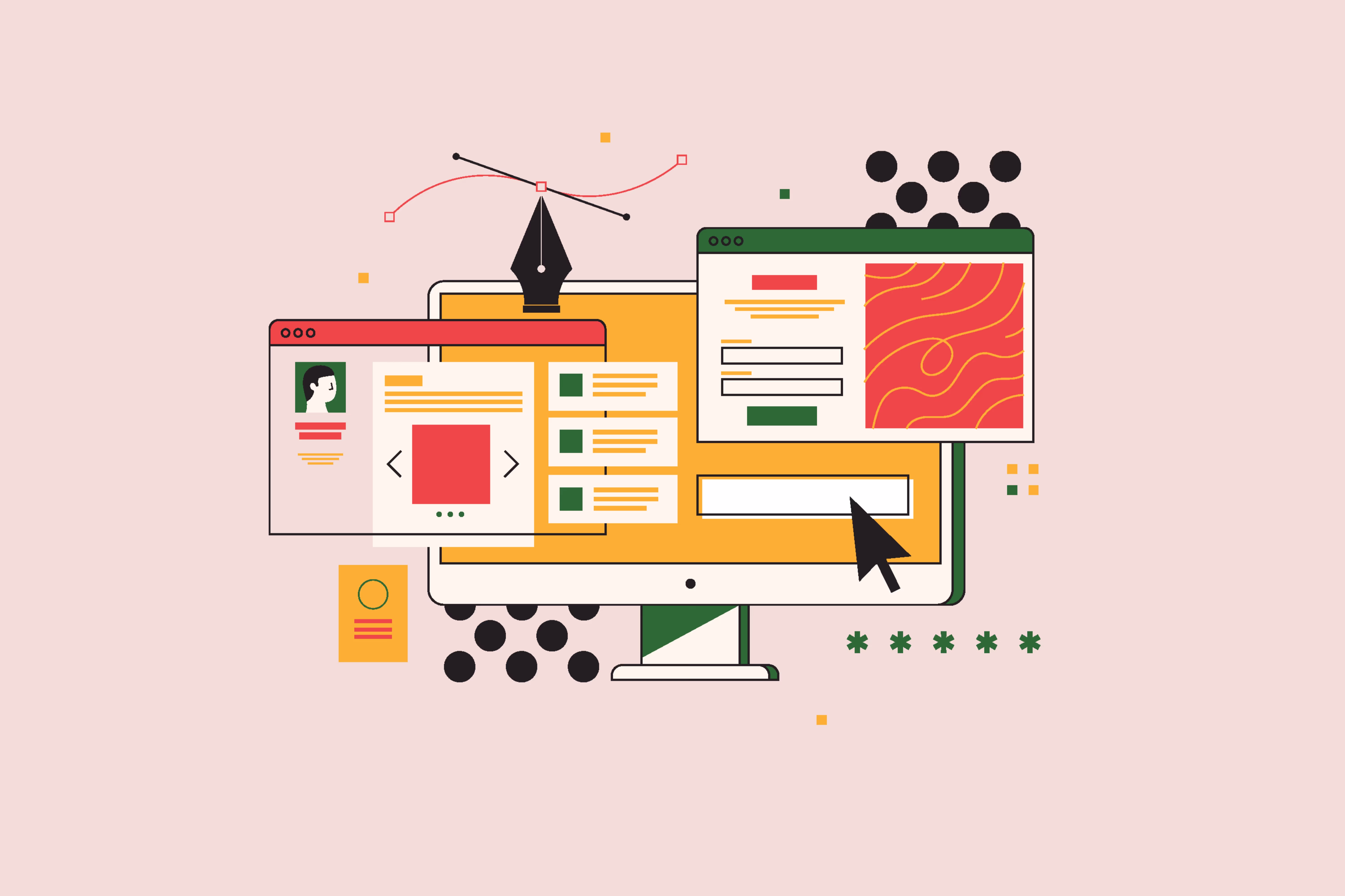 Ilustración que representa el diseño web con diferentes ventanas de un computador.