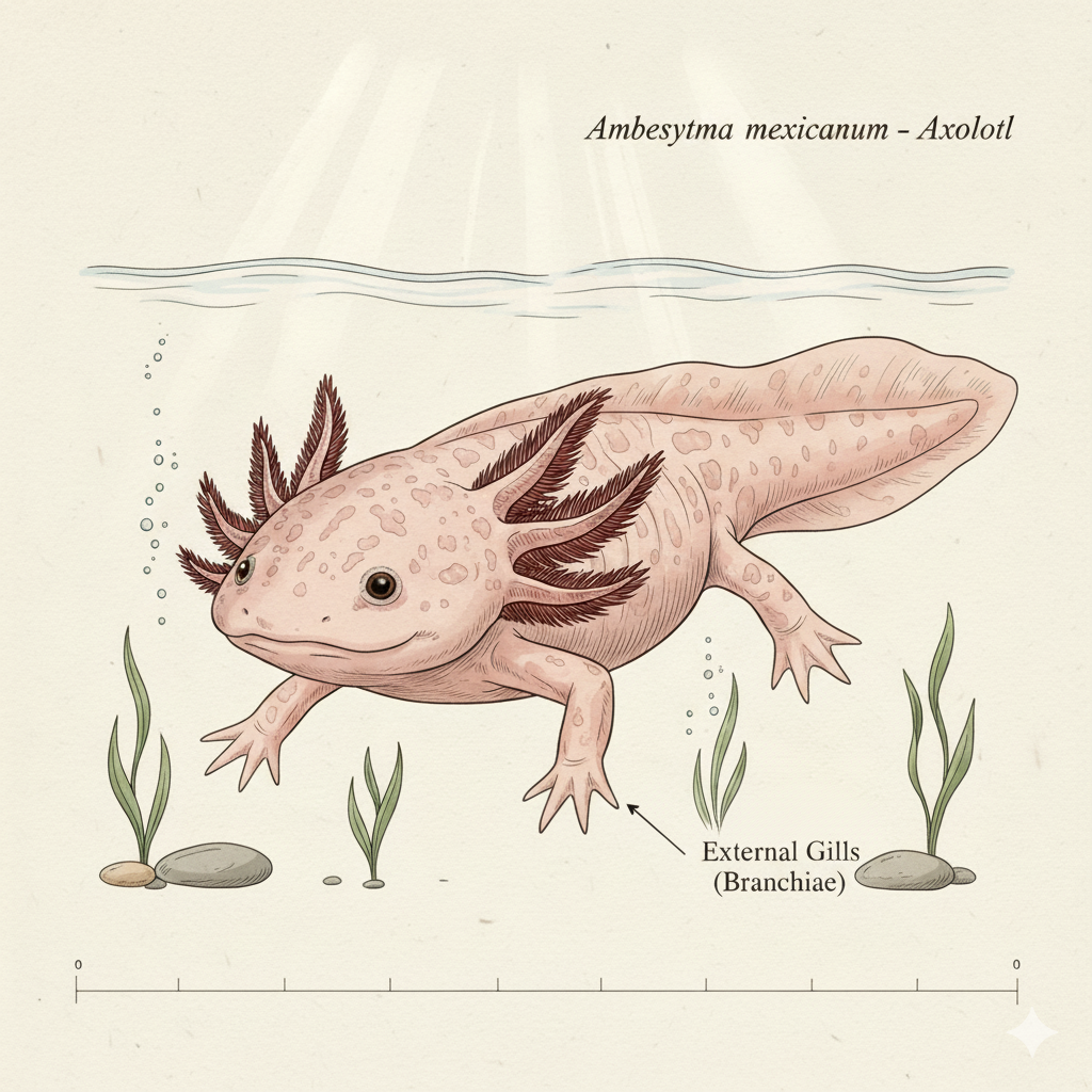 ilustración científica del axolotl