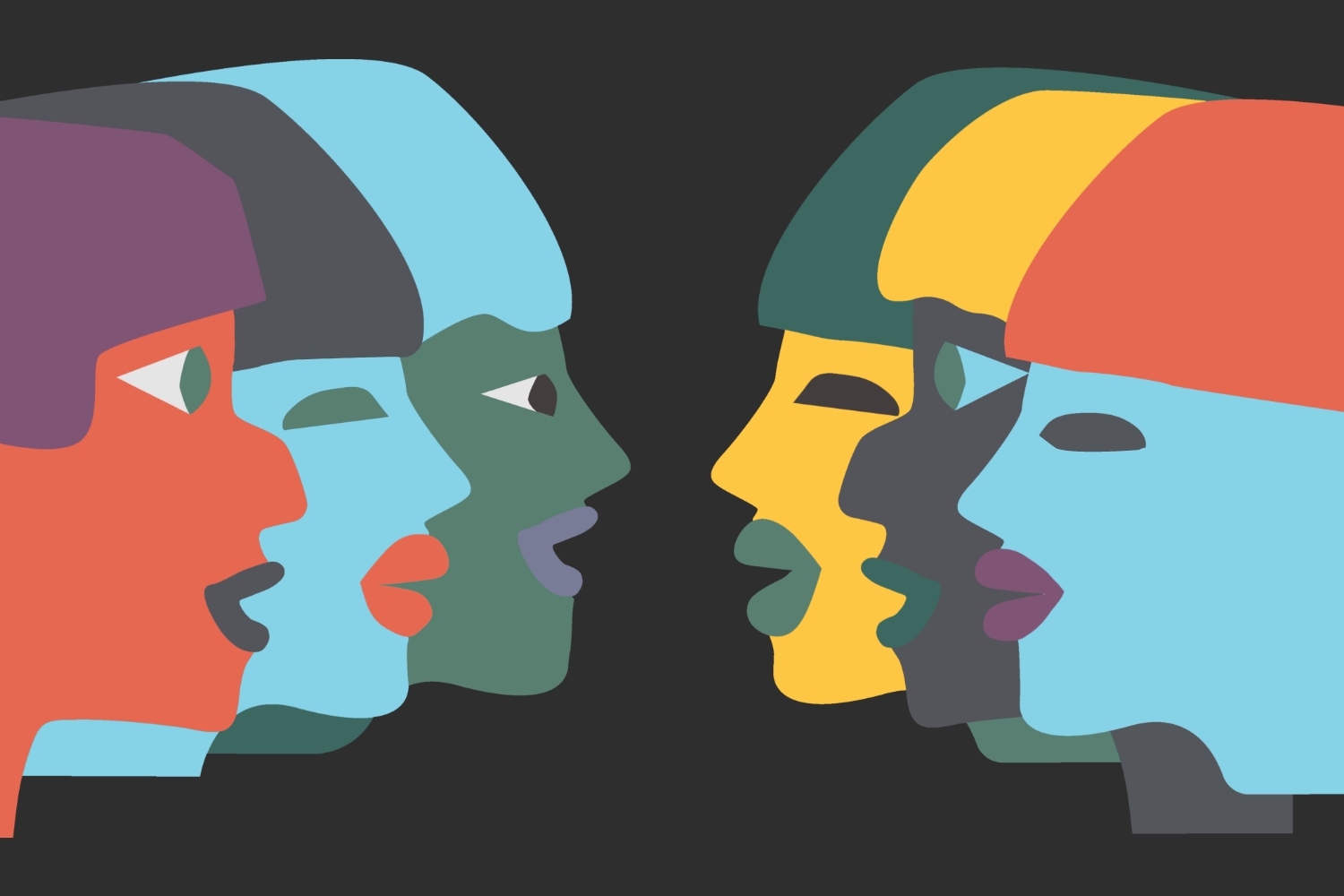 Ilustración de rostros coloridos enfrentados en perfil sobre fondo oscuro