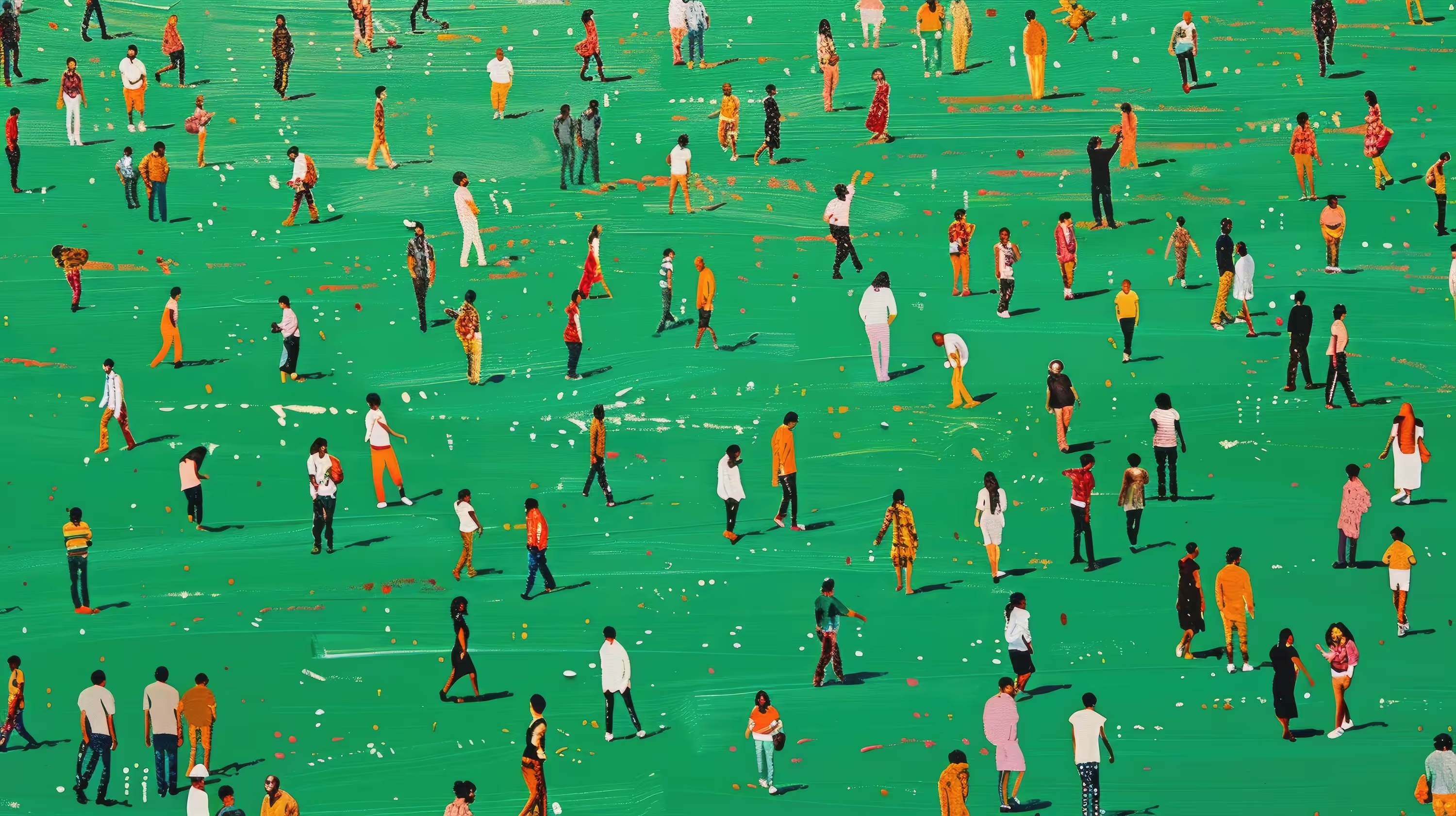 Una multitud diversa en movimiento sobre un fondo vibrante.