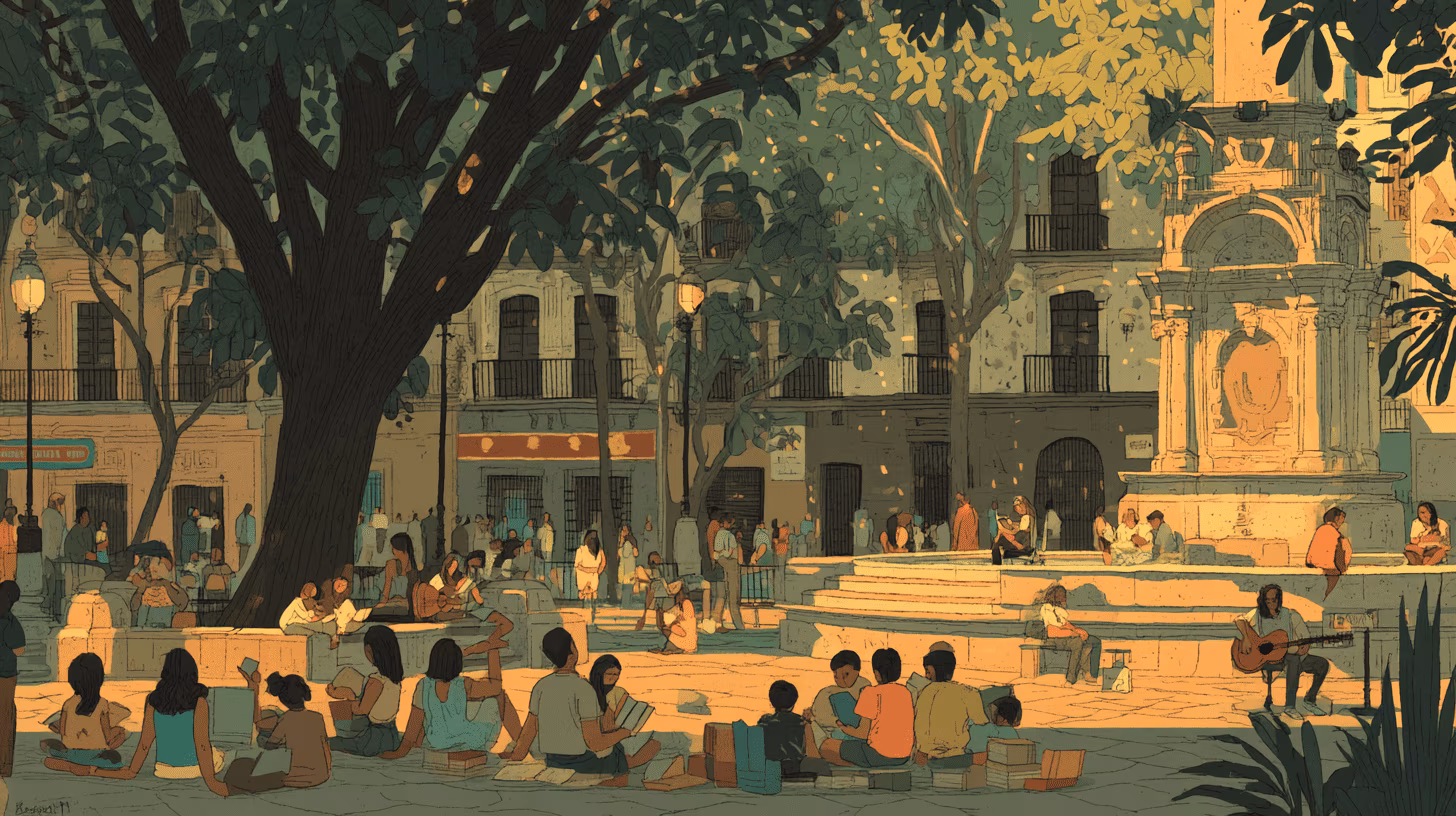 Ilustración de personas sentadas en una plaza, discutiendo un documento de comunicación del conocimiento.
