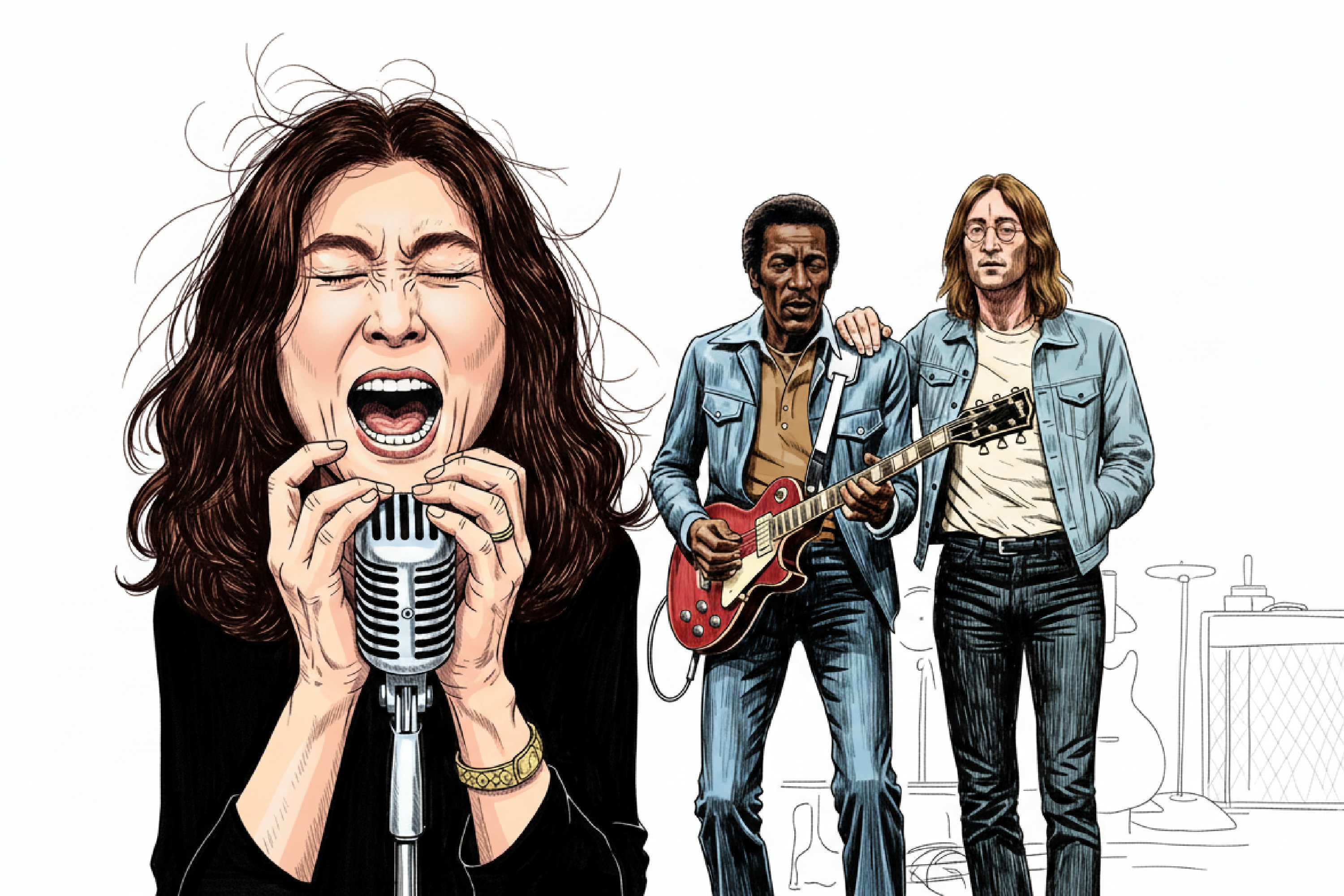 Yoko tomando el micrófono mientras John Lennon y Chuck Berry miran sorprendidos