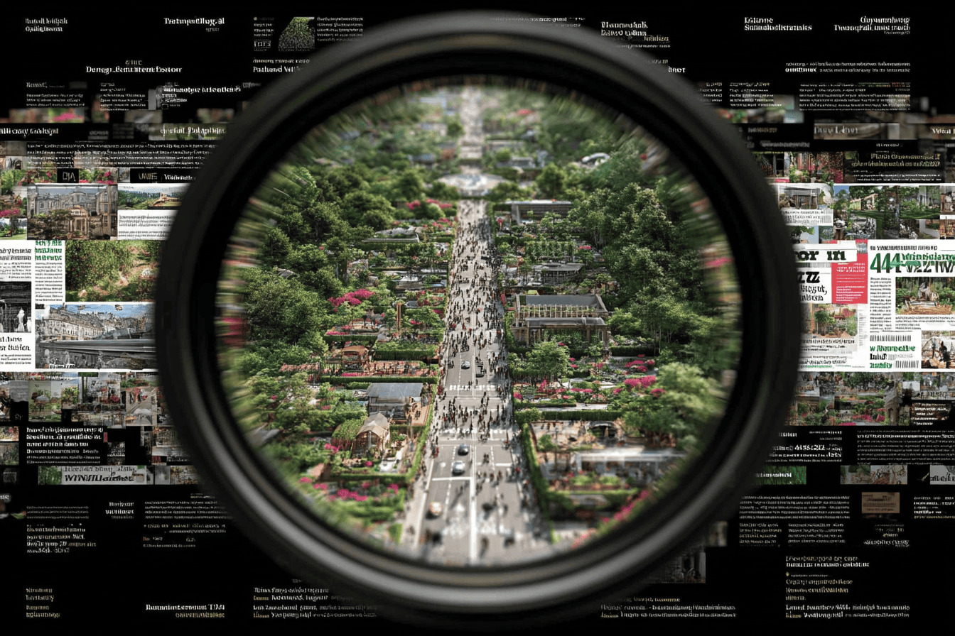 Lente de microscopio observando una calle concurrida de una ciudad, como metáfora de la importancia de la ciencia, su comunicación y la divulgación científica, y el gran impacto que puede tener a nivel social.