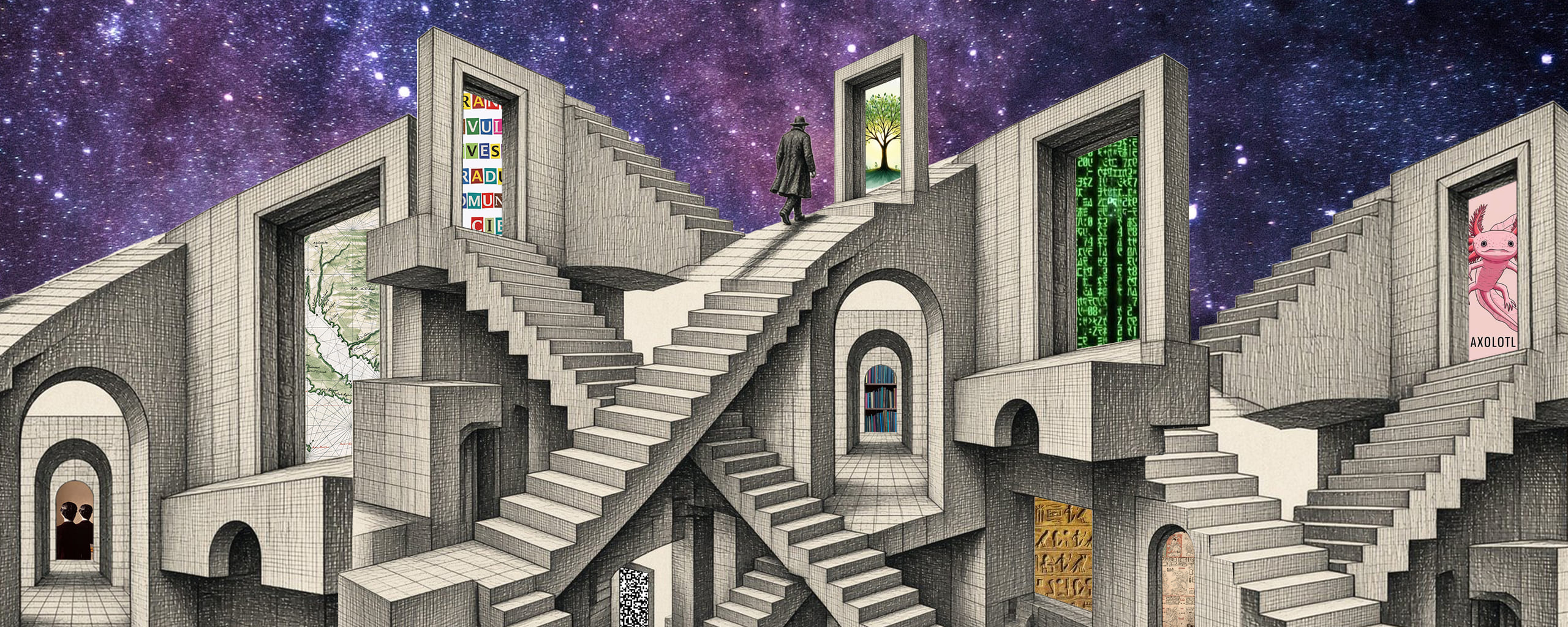 Escaleras laberínticas que llevan a diferentes puertas y portales que contienen mundos y conocimientos varios.