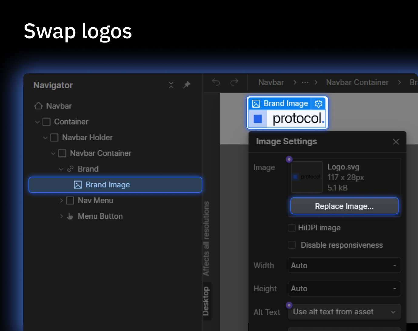 Screenshot of a web design interface showing the Navigator panel with a selected Brand Image and Image Settings dialog to replace the logo image named Logo.svg.