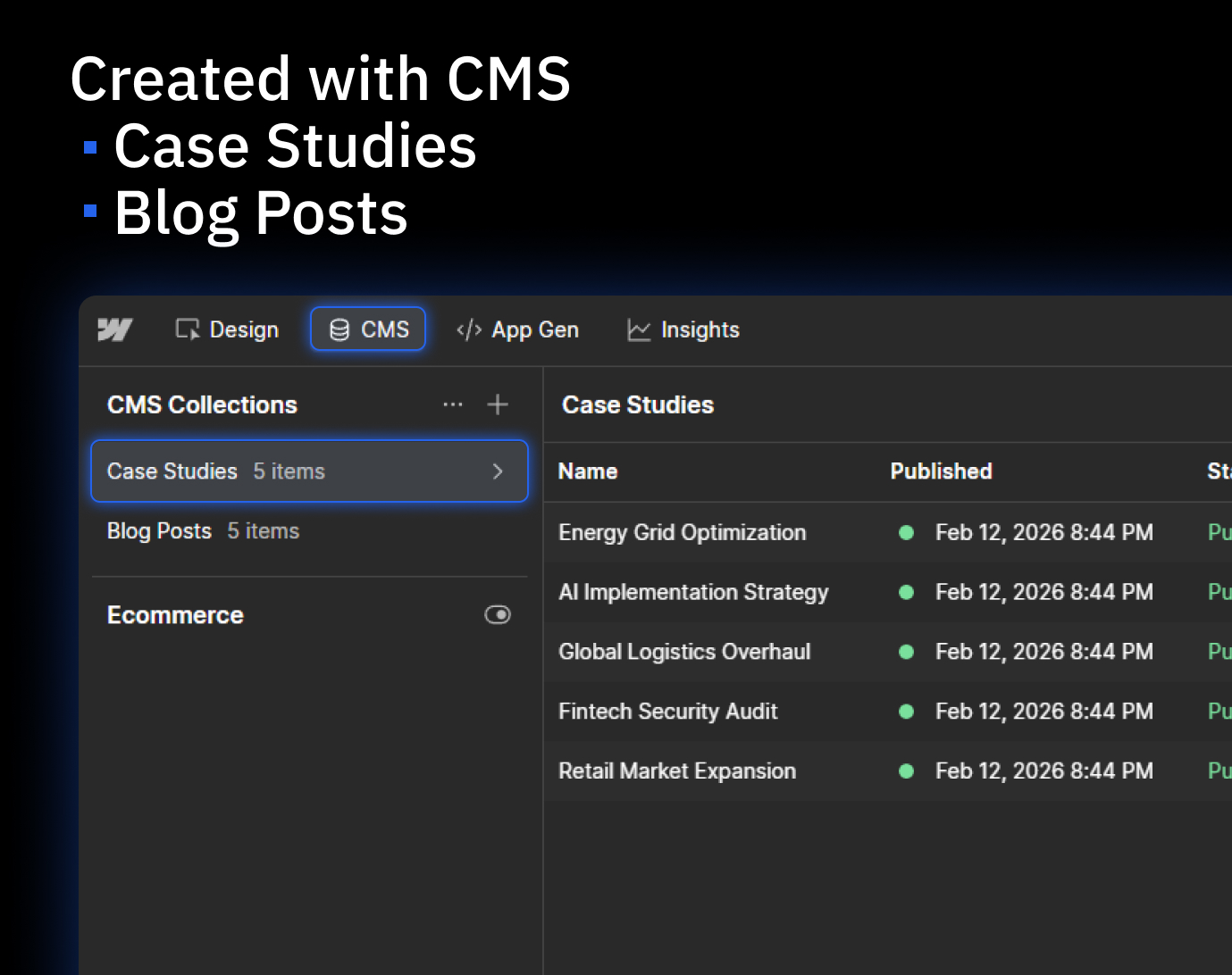 CMS interface showing collections with Case Studies and Blog Posts, and a list of case studies including Energy Grid Optimization and AI Implementation Strategy.