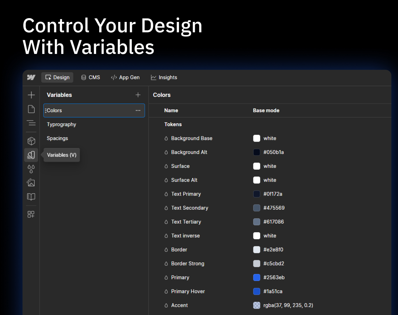 Design tool interface showing variable settings for colors, listing tokens with their base color values and hex codes.