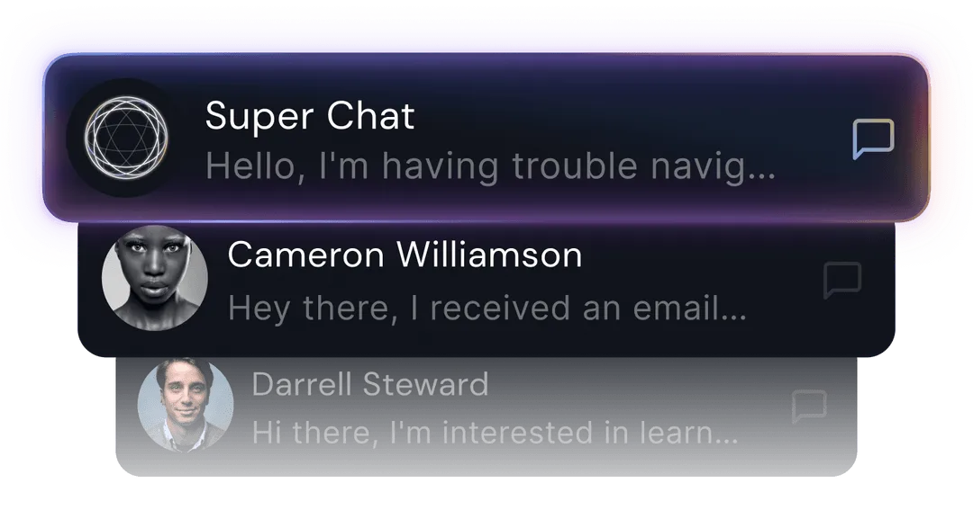 Chat list showing three contacts: Super Chat with a geometric icon and partial message, Cameron Williamson with a black-and-white portrait and partial message, and Darrell Steward with a color portrait and partial message.