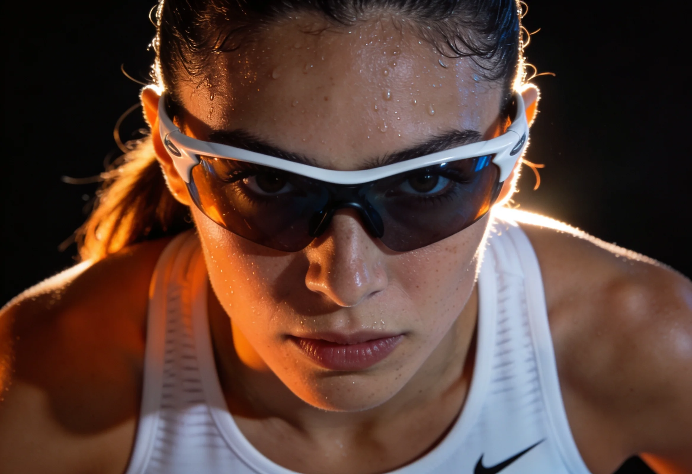 Donna sportiva con occhiali da sole e maglia bianca, volto sudato e determinato.