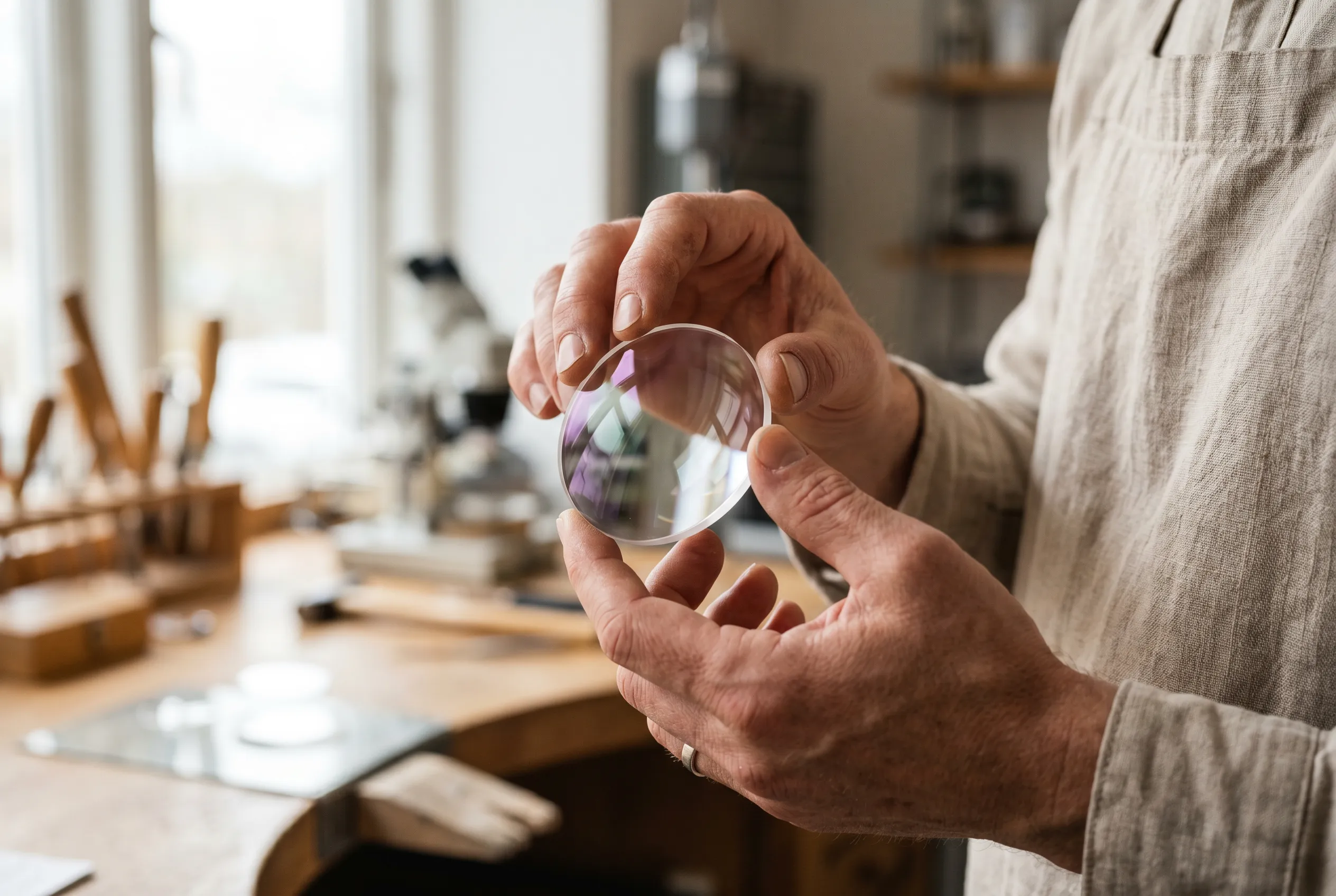 Mani che tengono una lente ottica rotonda in un laboratorio artigianale illuminato dalla luce naturale.
