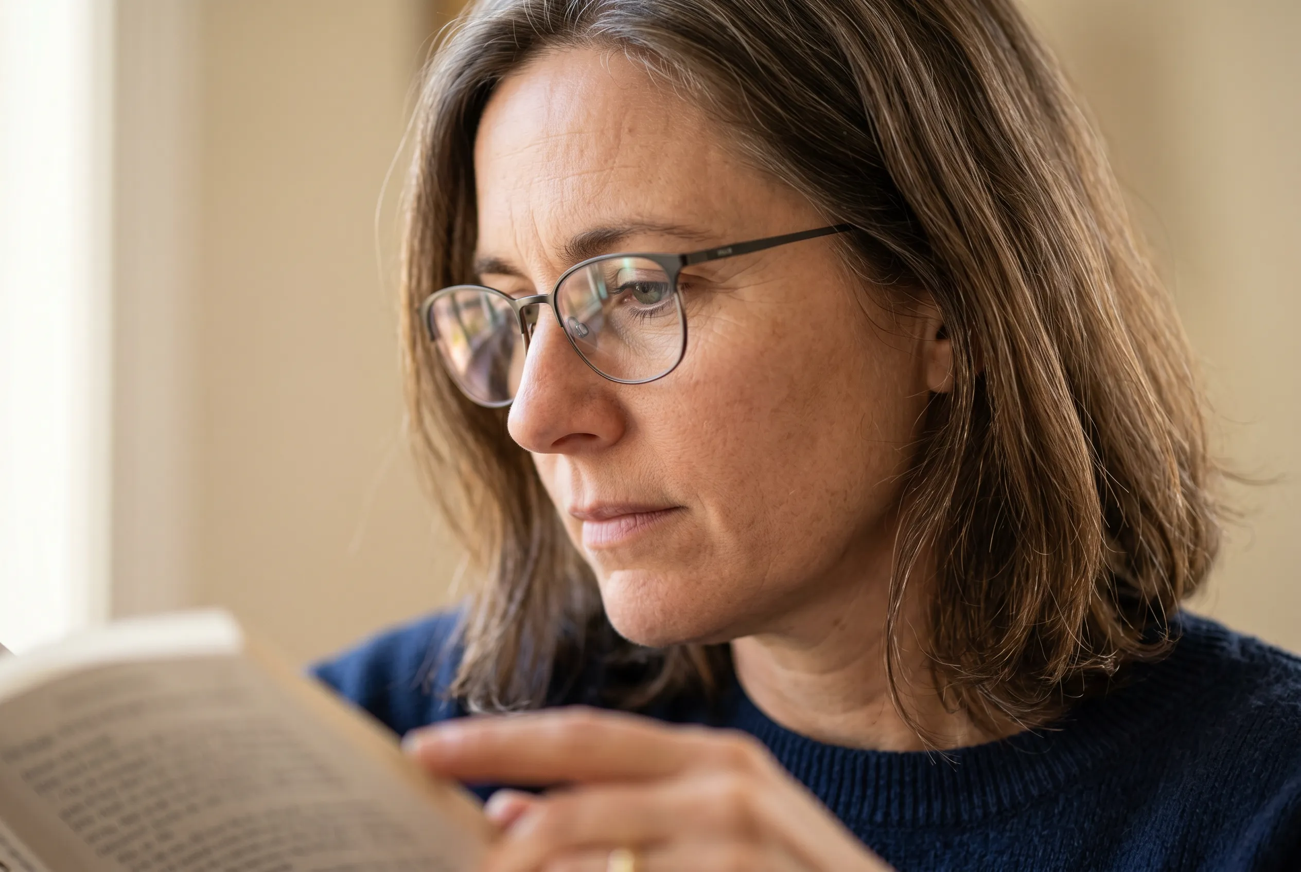 Donna con occhiali legge attentamente un libro in una stanza illuminata dalla luce naturale.