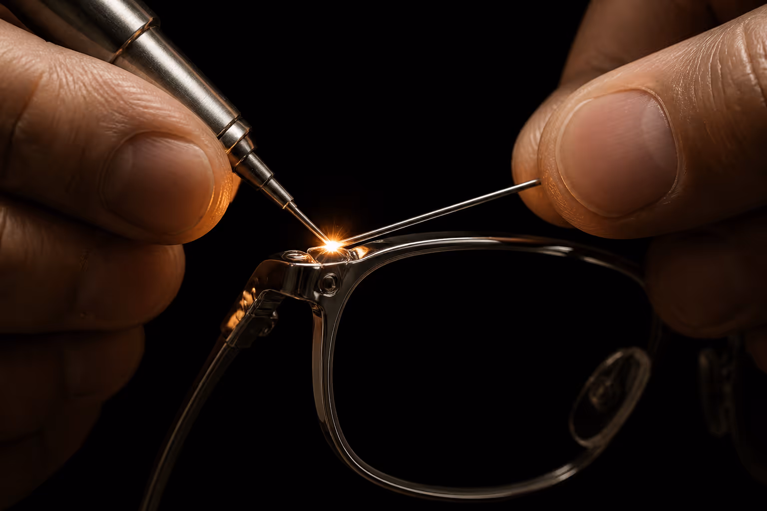 Riparazione di occhiali in metallo con saldatura a scintilla e mani esperte.