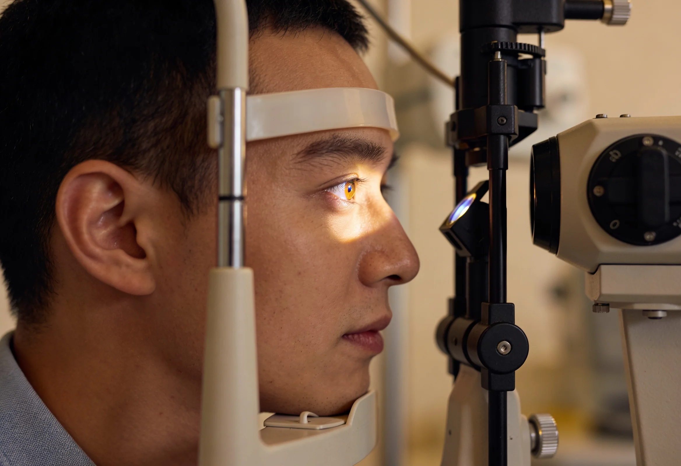 Uomo che si sottopone a un esame oculistico con lampada a fessura in clinica.