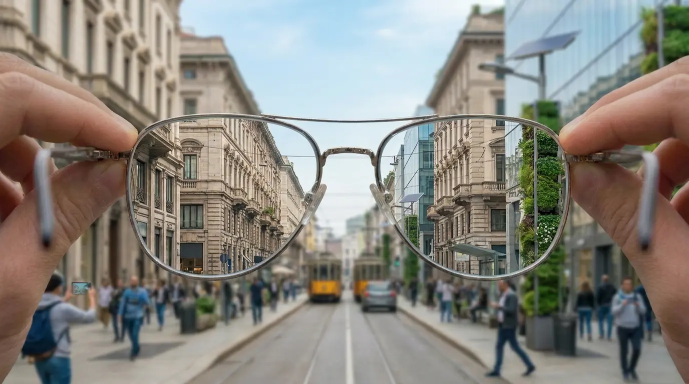 Occhiali da vista con lenti nitide su strada cittadina sfocata, correzione visiva Ottica del Borgo