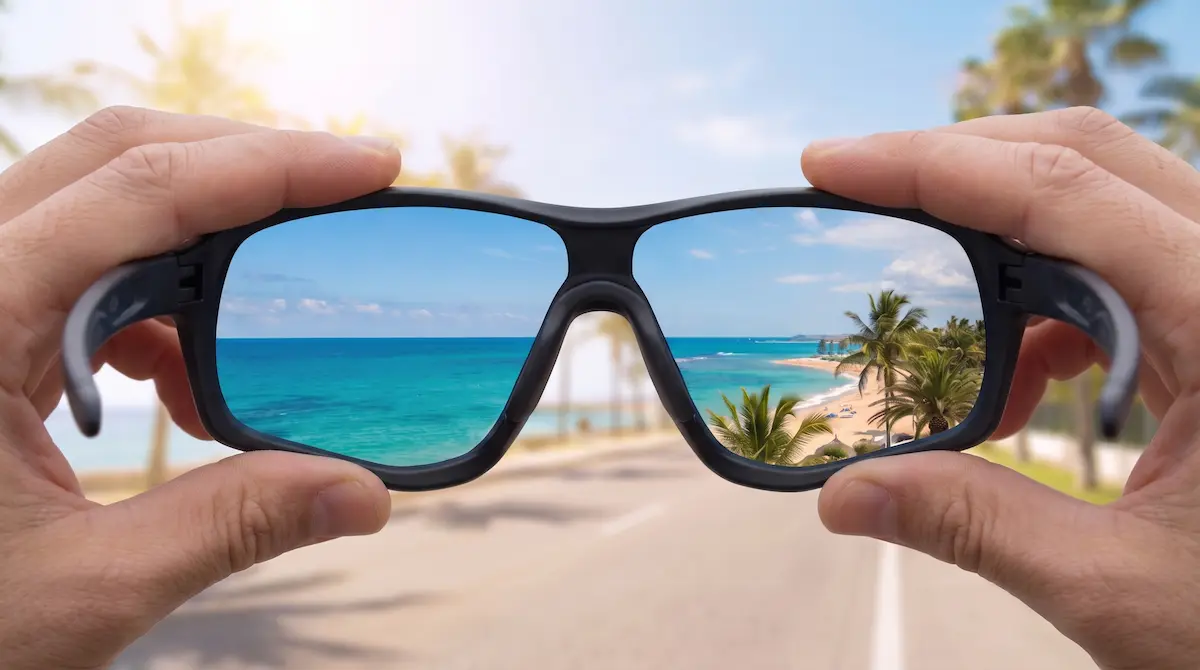 Occhiali da sole sportivi con vista nitida su spiaggia tropicale, lenti da sole Ottica del Borgo
