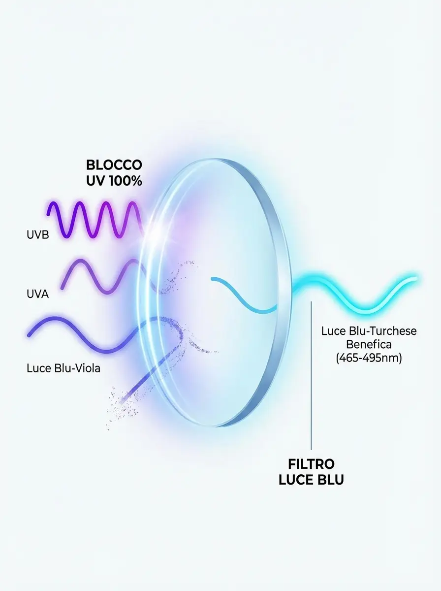 Schema lente con filtro luce blu, blocco UV 100% e passaggio luce blu-turchese, lenti per schermi Ottica del Borgo