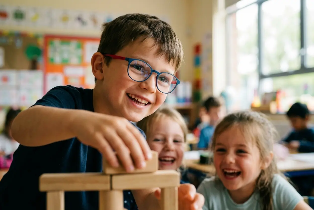 Bambino sorridente con occhiali da vista colorati gioca in classe, occhiali per bambini Ottica del Borgo