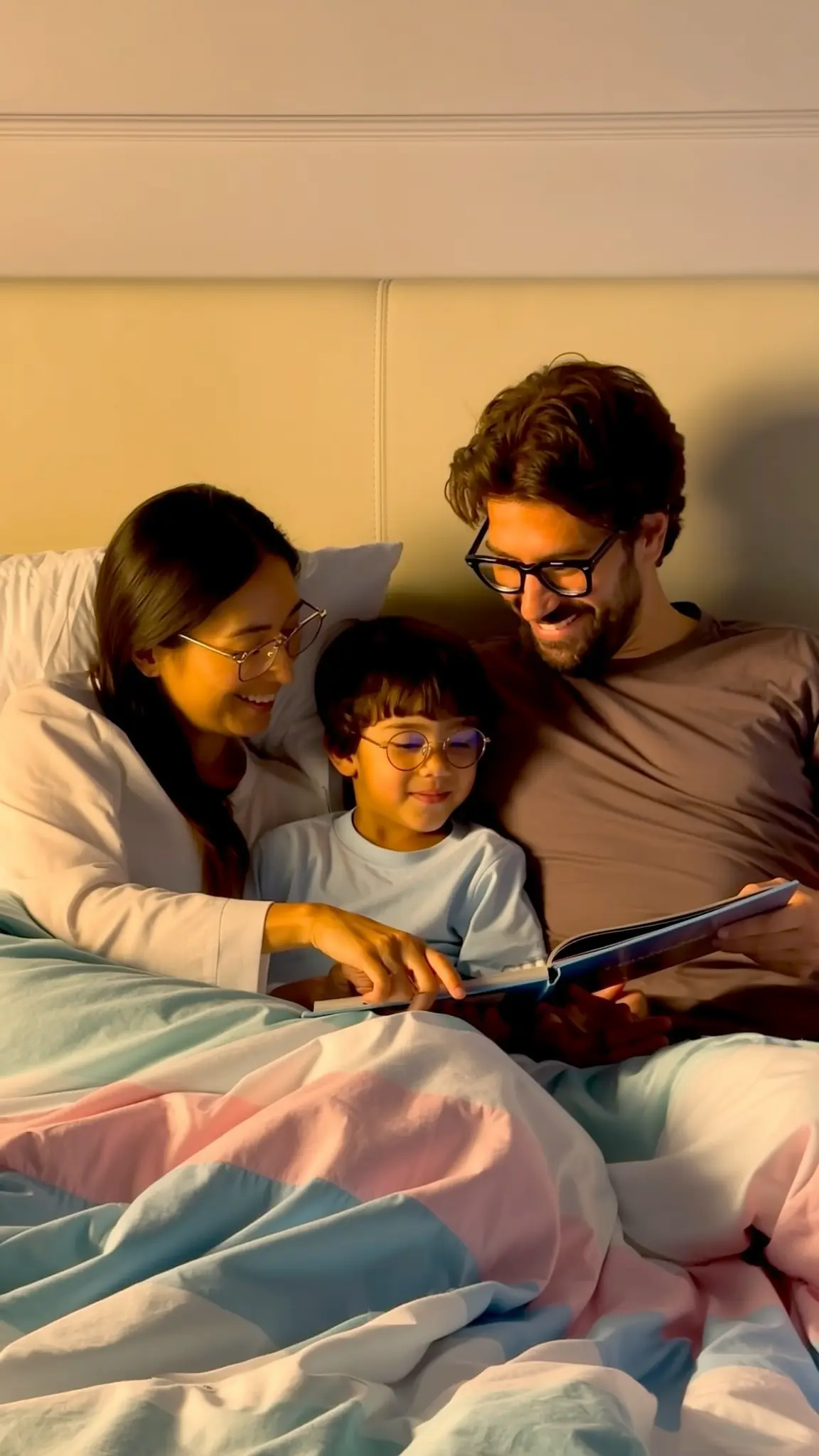 Famiglia con occhiali da vista legge insieme a letto, occhiali per bambini Ottica del Borgo