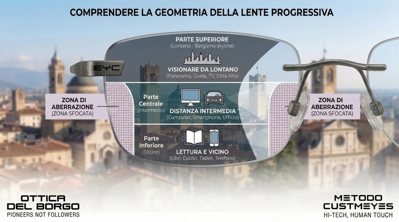 Schema geometria della lente progressiva con zone lontano, intermedio e vicino, lenti multifocali Ottica del Borgo