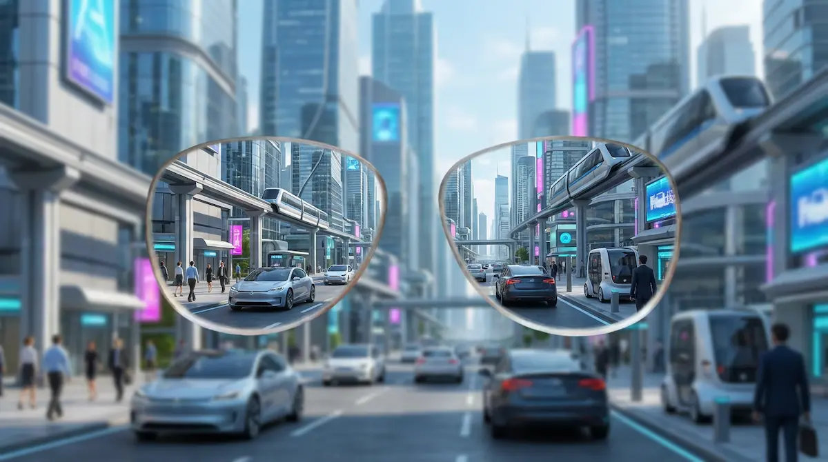 Occhiali da vista con visione nitida di una città futuristica, lenti Metodo CustomEyes Ottica del Borgo
