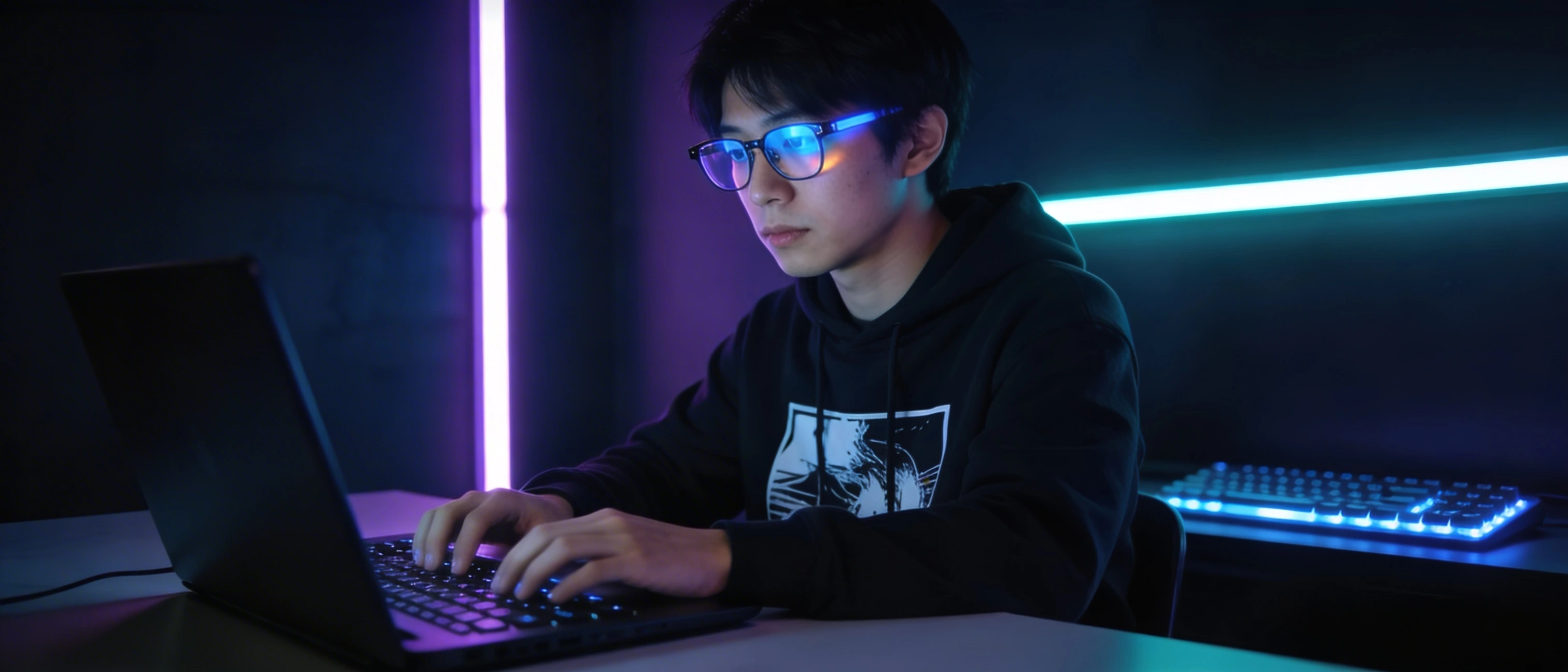 Ragazzo al pc con occhiali filtro luce blu in ambiente gaming, lenti per schermi Ottica del Borgo