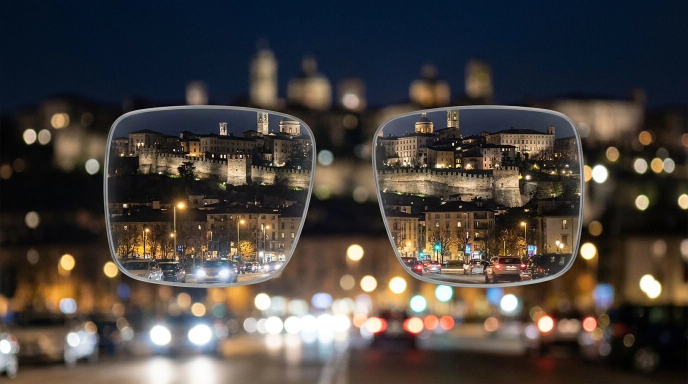 Lenti da vista con visione nitida di Bergamo Alta di notte, lenti antiriflesso Ottica del Borgo