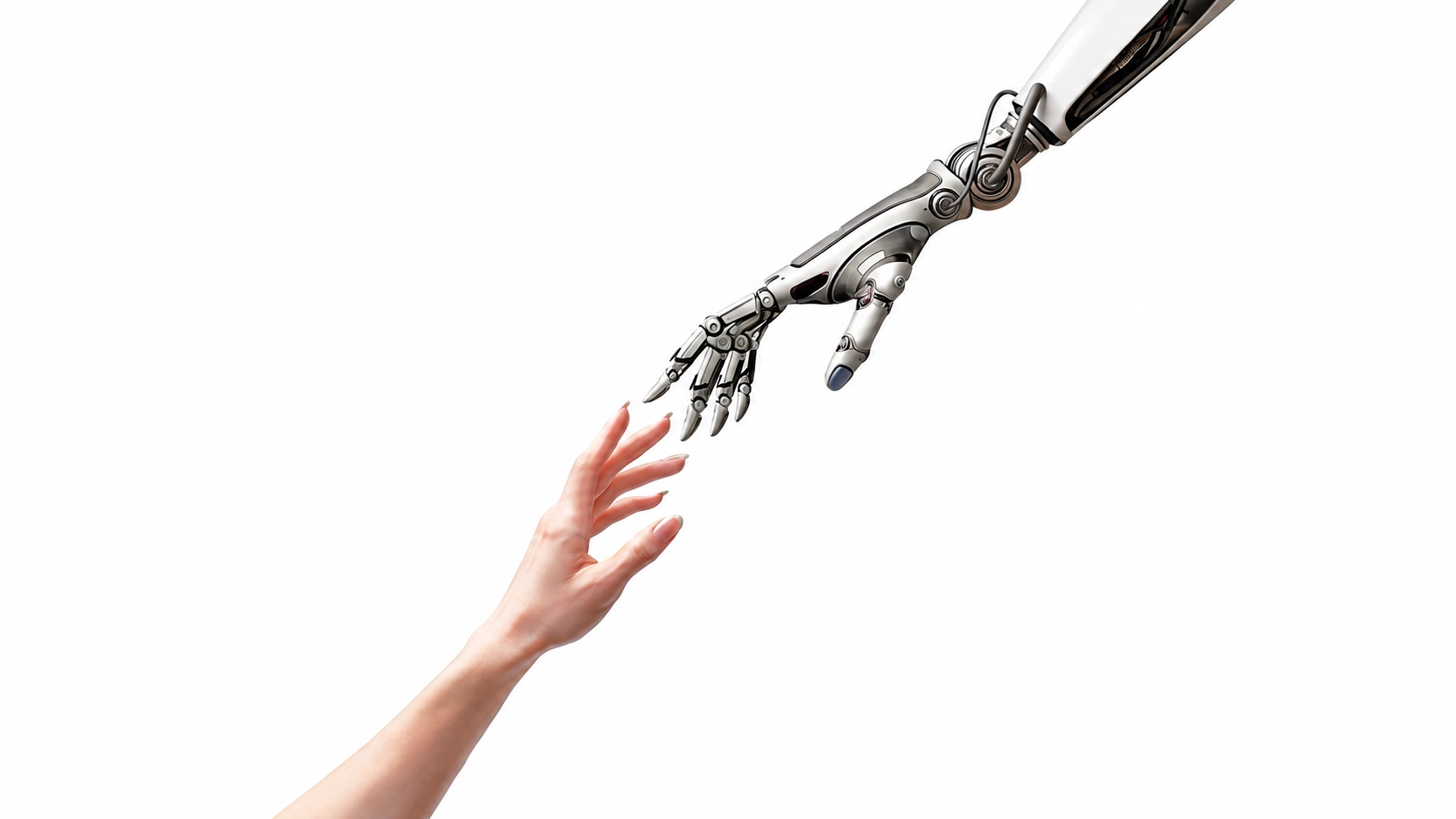 Mano umana e mano robotica che si toccano, tecnologia e analisi visiva Metodo CustomEyes Ottica del Borgo