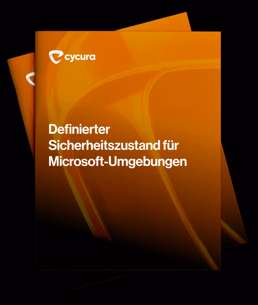 Deckblatt einer orangefarbenen Broschüre von cycura mit dem Titel Definierter Sicherheitszustand für Microsoft-Umgebungen.
