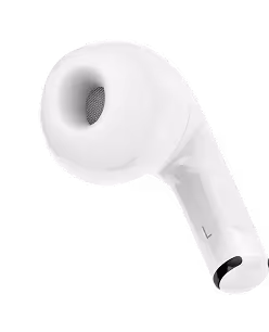 Weißer kabelloser Ohrhörer mit Silikonspitze vor schwarzem Hintergrund.