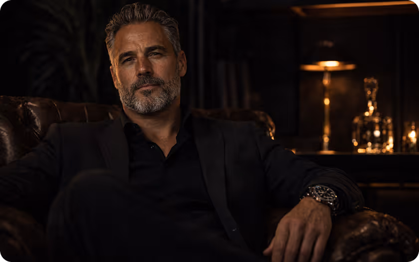 Ein Mann mit grauem Bart und kurzem Haar sitzt entspannt auf einem Ledersofa in einem dunkel beleuchteten Raum.