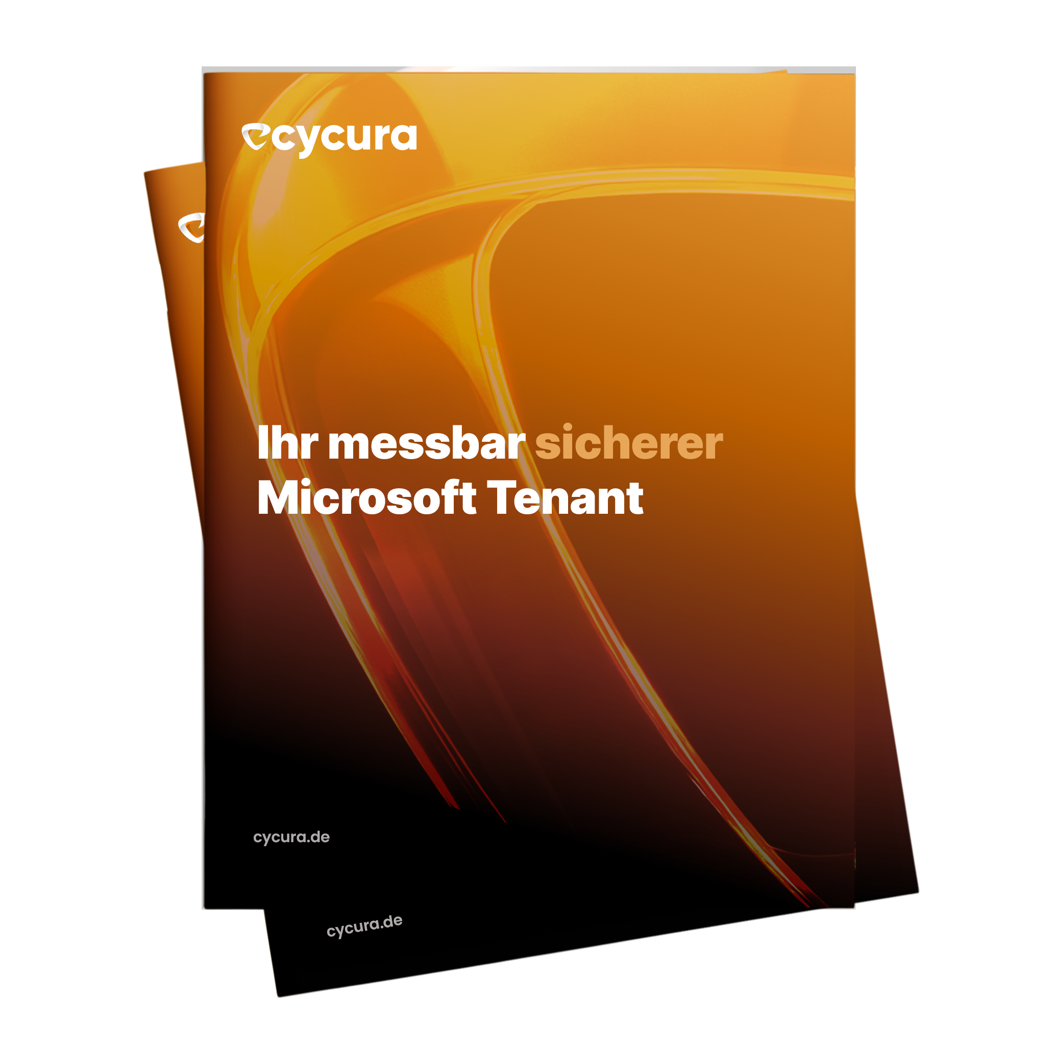 Mehrere orangefarbene Broschüren mit weißer Aufschrift: Ihr messbar sicherer Microsoft Tenant, cycura.de.