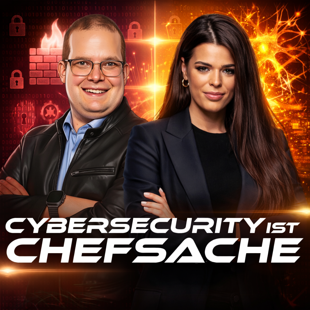 Zwei Personen mit verschränkten Armen vor einem digitalen Hintergrund mit Sicherheitssymbolen, Text: Cybersecurity ist Chefsache.