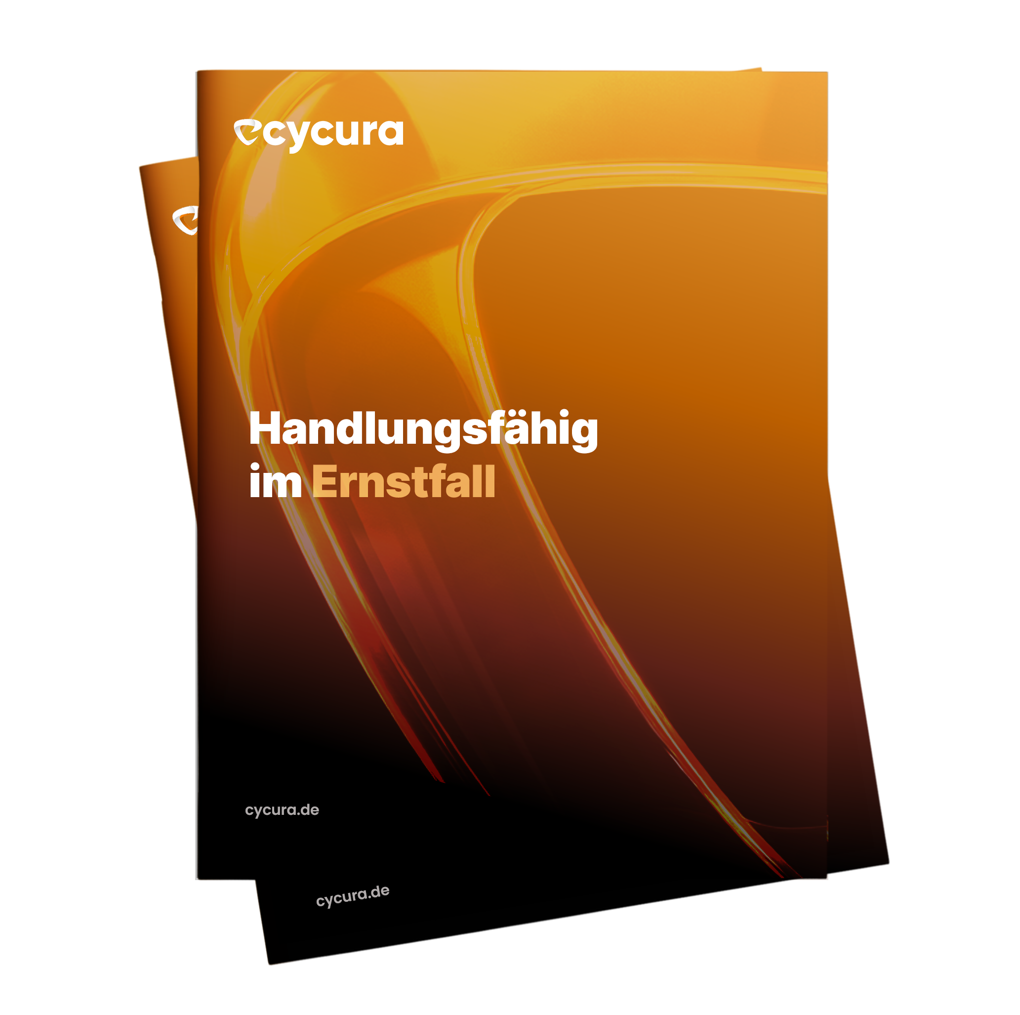Zwei orangene Broschüren mit dem Titel Handlungfähig im Ernstfall und der Webseite cycura.de.