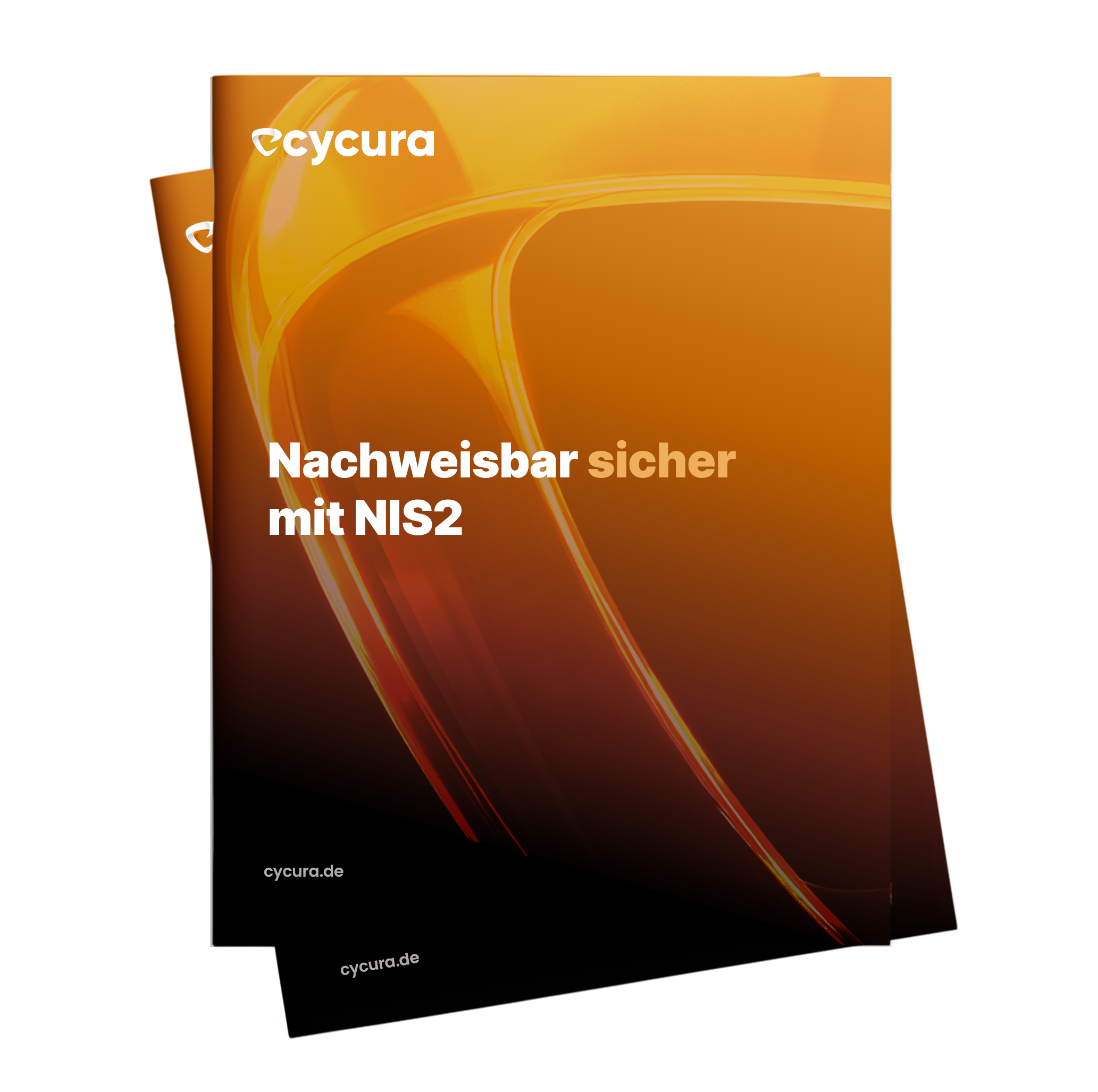 Zwei übereinanderliegende orangefarbene Broschüren mit dem Text »Nachweisbar sicher mit NIS2« und der Marke cycura.
