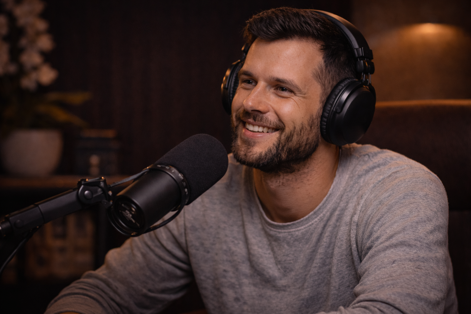 Fröhlicher Mann mit Kopfhörern spricht in ein Mikrofon in einem Podcast-Studio.