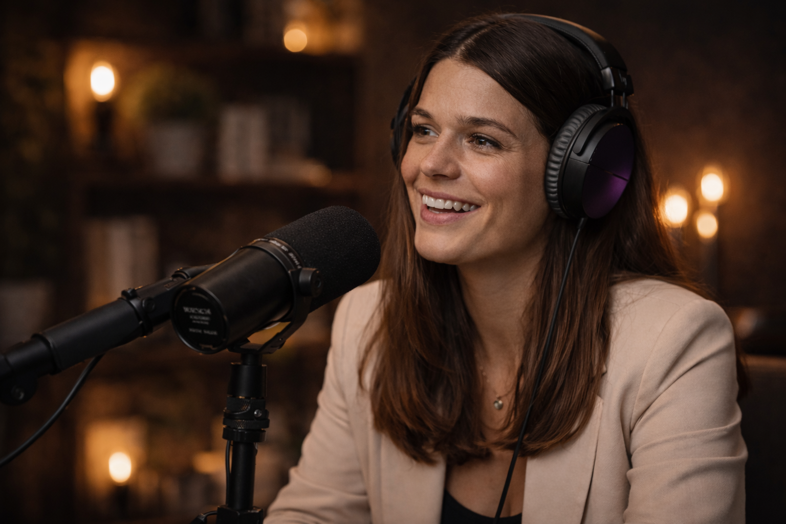 Lächelnde Frau mit Kopfhörern spricht in ein Mikrofon vor verschwommenem Hintergrund mit warmem Licht.