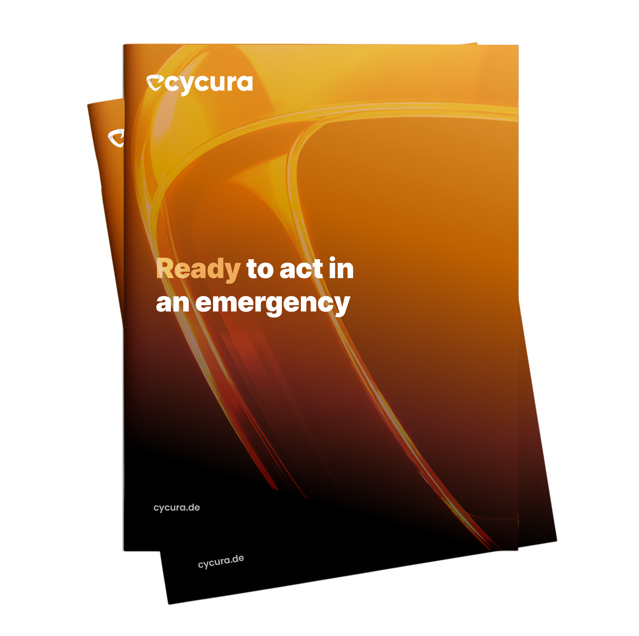Deckblatt einer Broschüre mit orange-gelbem abstraktem Design und dem Text ‚Bereit, im Notfall zu handeln‘ sowie der Webseite cycura.de.
