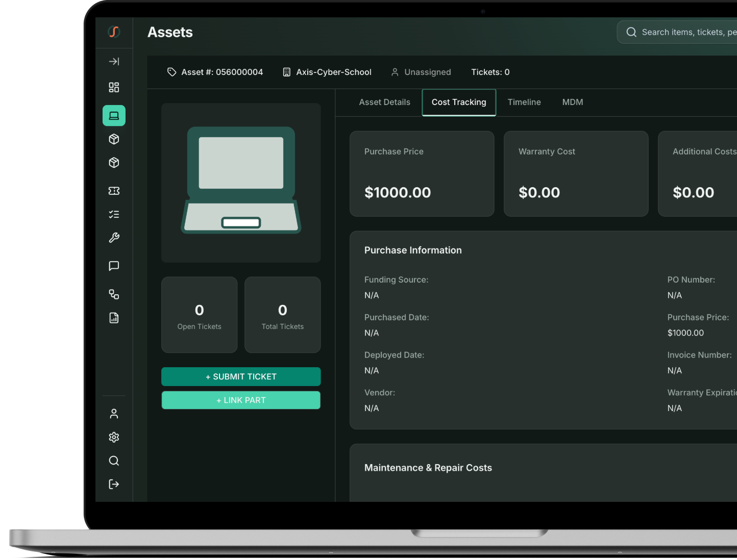 schoolAssets vendor and purchase history record for a device