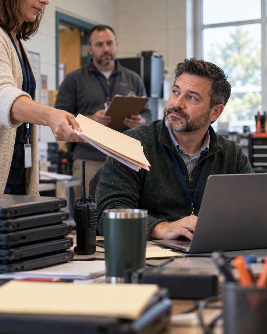 A coworker hands a district IT director a folder of HR paperwork while another waits with a clipboard