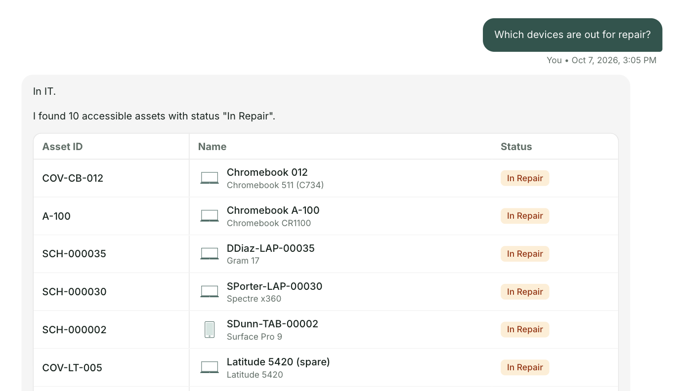 Otto answering which devices are out for repair with a list of ten devices and their status