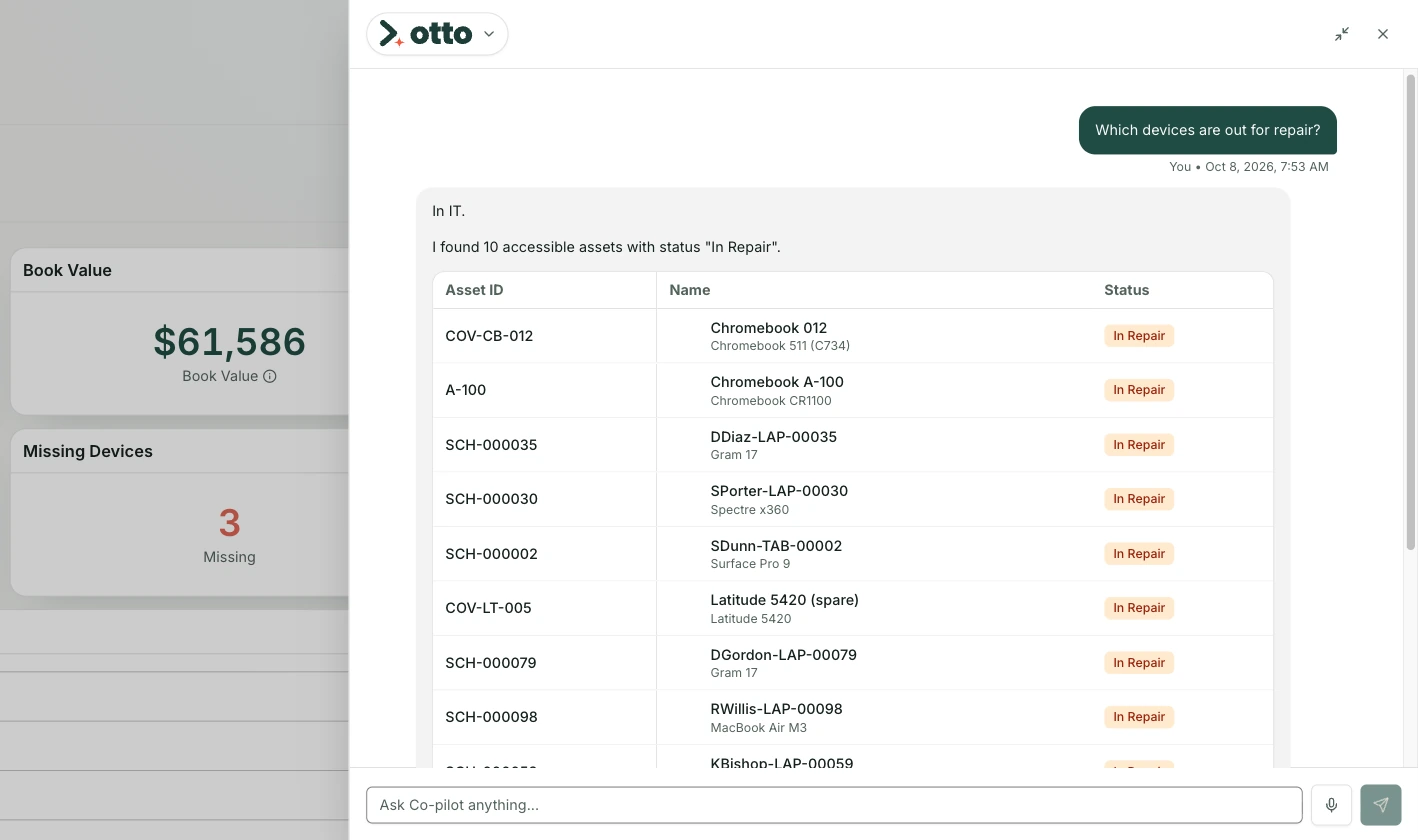otto answering which devices are out for repair with a list of ten devices