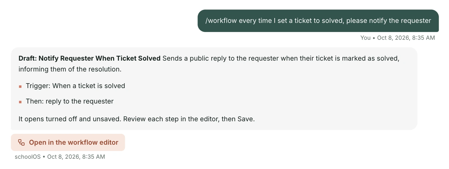 otto turning the request to notify the requester every time a ticket is solved into a draft workflow with a trigger and a step