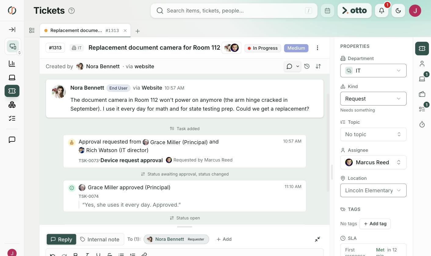 A schoolHelpdesk ticket showing the request, approval steps, assignee, and SLA in one shared thread