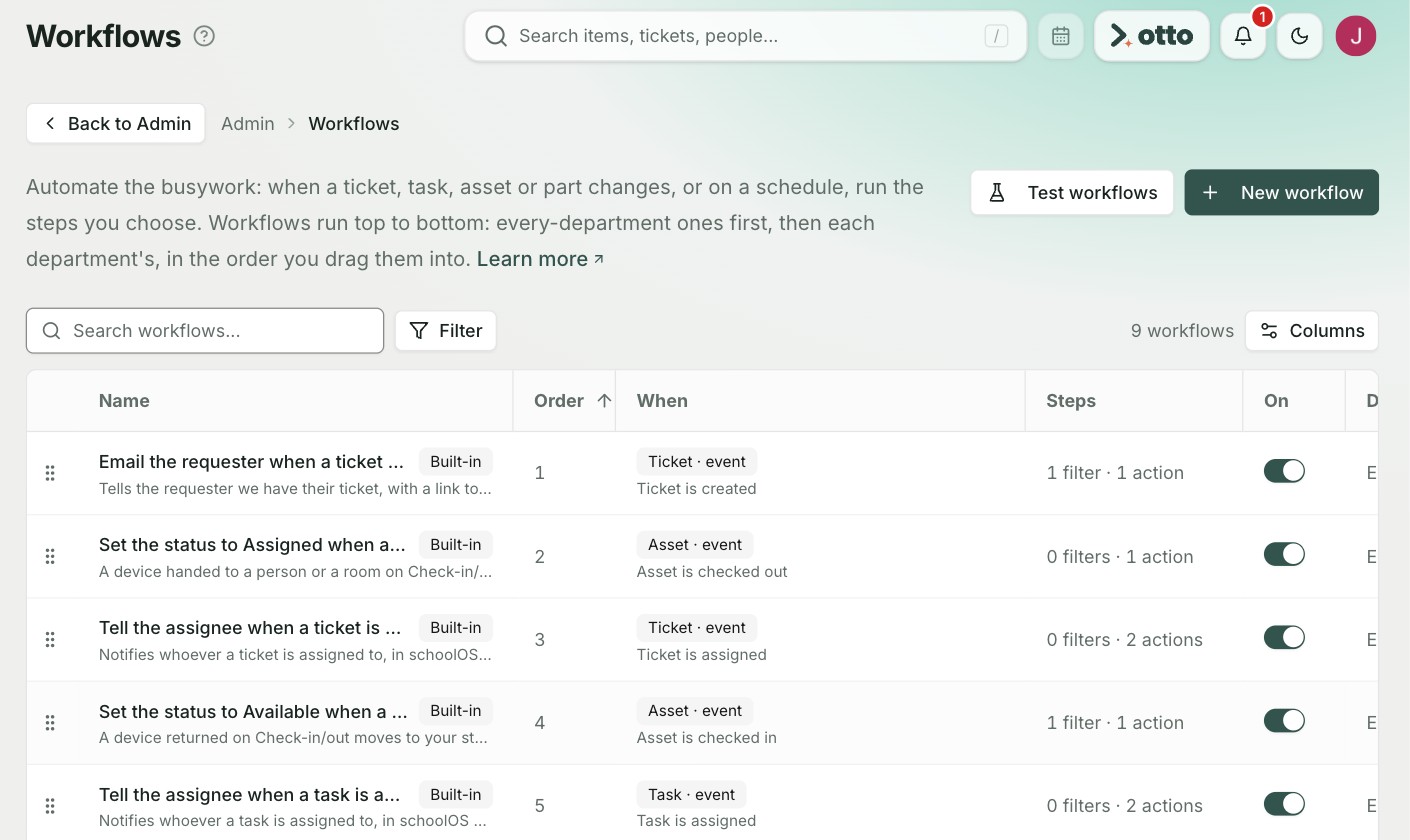schoolOS workflows list showing automated rules that run when tickets, tasks, and assets change